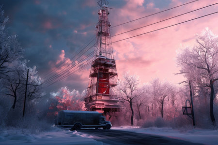 5g tower covered in snow during winter season, created with generative aiの素材