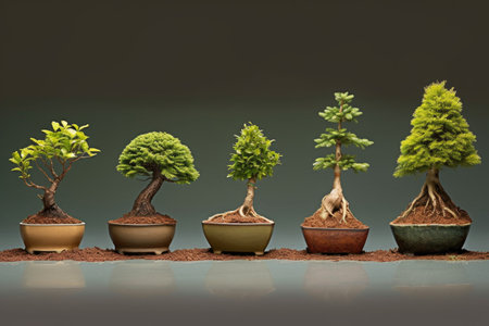 growth progression of a bonsai tree from seedling to maturity, created with generative aiの素材