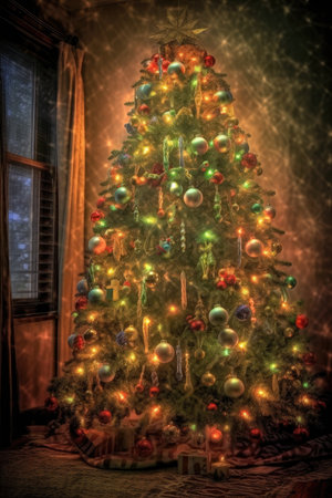 christmas tree with glowing lights and ornaments, created with generative aiの素材
