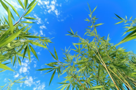 vibrant green bamboo leaves against blue sky, created with generative aiの素材