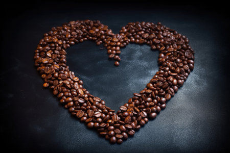 coffee beans forming a heart shape on a dark surface, created with generative aiの素材