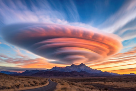 sunset illuminating lenticular clouds above a mountain range, created with generative aiの素材