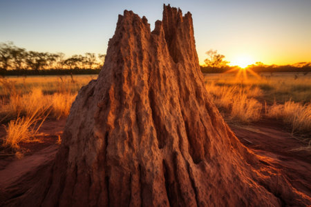 close-up of termite mound with sun setting behind, created with generative aiの素材