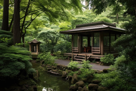 serene japanese tea house surrounded by lush greenery, created with generative aiの素材