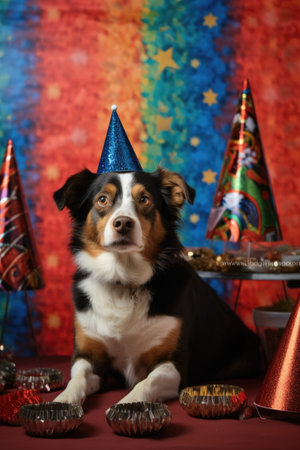 a pet wearing a new years party hat next to a festive backdrop, created with generative aiの素材