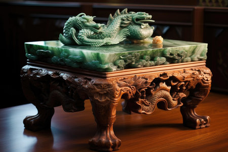 intricate dragon jade carving on wooden table, created with generative aiの素材