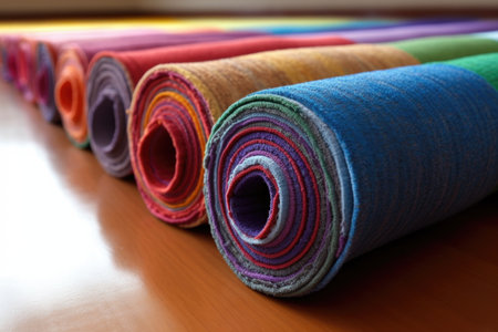 rolled-up carpets displaying colorful edges, created with generative aiの素材