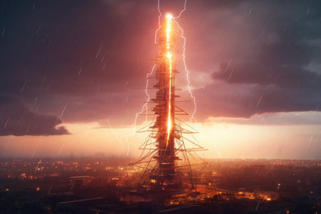 5g tower with a lightning strike in the background, created with generative aiの素材