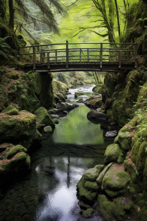 scenic footbridge crossing a babbling mountain stream, created with generative aiの素材