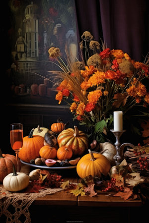 thanksgiving table setting with autumn leaves and pumpkins, created with generative aiの素材