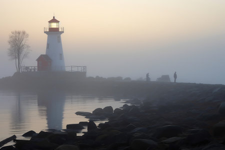 foggy morning with lighthouse silhouette barely visible, created with generative aiの素材