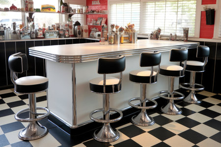 classic diner counter with swivel stools, created with generative aiの素材