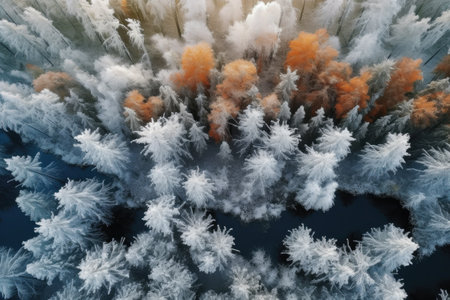 aerial view of a frosty forest with trees, created with generative aiの素材