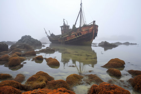 abandoned pirate ship wreck on a foggy coastline, created with generative aiの素材
