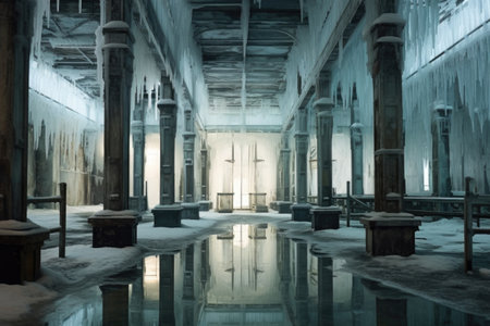 ice-encased interiors of a once-bustling facility, created with generative aiの素材