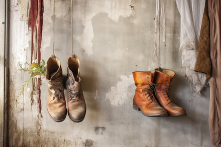 vintage leather boots hanging on a weathered wall, created with generative aiの素材