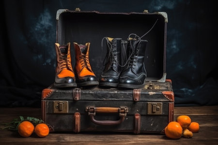 leather boots on an antique suitcase, travel concept, created with generative aiの素材