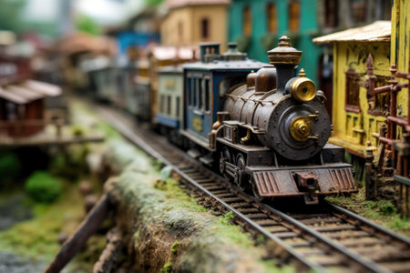 close-up of antique toy train set on tracks, created with generative aiの素材