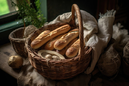 french baguettes in a rustic woven basket, created with generative aiの素材