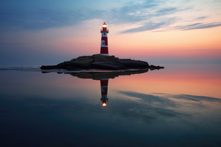 reflection of a lighthouse in calm waters at twilight, created with generative aiの素材