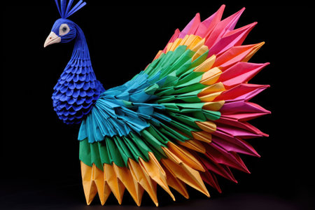 a colorful origami peacock with extended tail feathers, created with generative aiの素材
