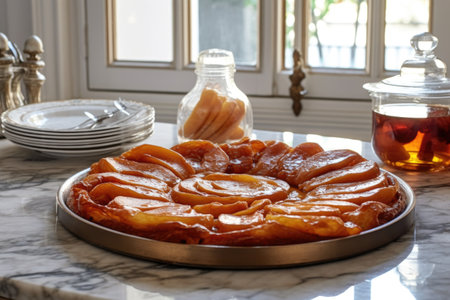 tarte tatin displayed on a marble countertop, created with generative aiの素材