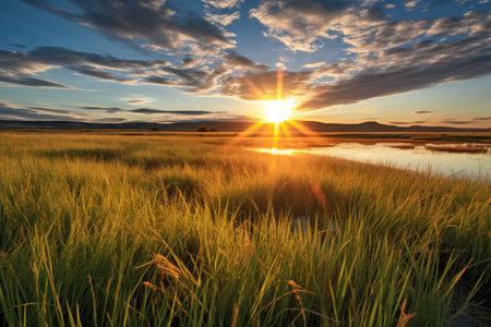 wide-angle view of sun setting over grassy plains, created with generative aiの素材