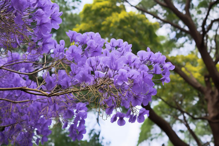 close-up of vibrant purple jacaranda blossoms, created with generative aiの素材