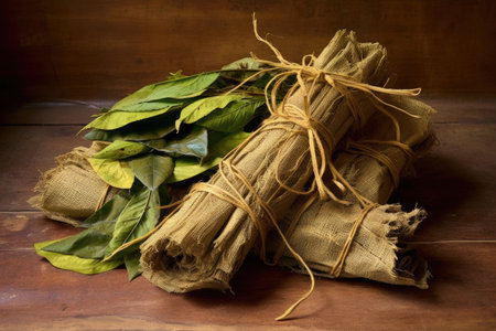 bundle of tobacco leaves tied with twine, ready for rolling, created with generative aiの素材