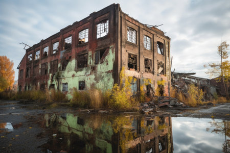crumbling brick factory with broken windows, created with generative aiの素材