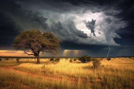 dramatic thunderstorm approaching the savanna, created with generative aiの素材