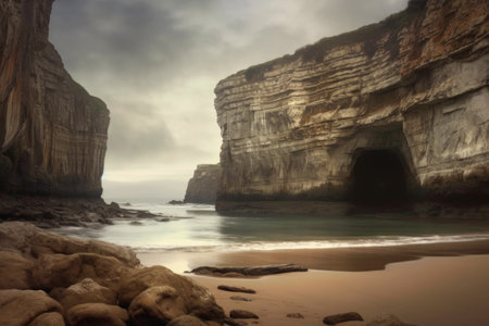 dramatic cliffs overlooking a hidden beach, created with generative aiの素材