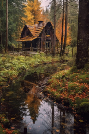 rustic log cabin in a serene forest setting, created with generative aiの素材
