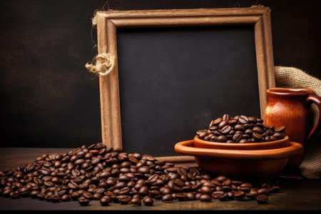 coffee beans with a chalkboard sign for text space, created with generative aiの素材
