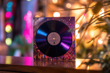 vinyl record framed by soft bokeh lights, created with generative aiの素材