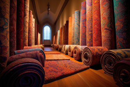rolled-up carpets showcasing their detailed patterns, created with generative aiの素材