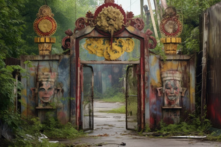 overgrown entrance gate with faded amusement park sign, created with generative aiの素材