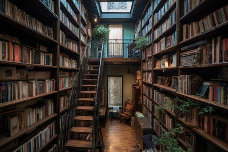 a library with floor-to-ceiling shelves, filled with books of all genres, created with generative aiの素材