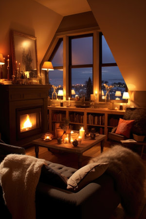 cozy living room with fireplace and warm lighting, created with generative aiの素材