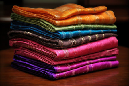 a stack of folded silk sarees in vibrant hues, created with generative aiの素材