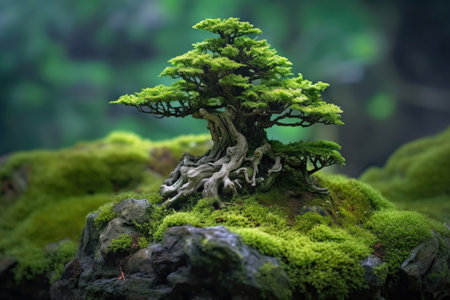 bonsai tree on a mossy stone against a blurred natural background, created with generative aiの素材
