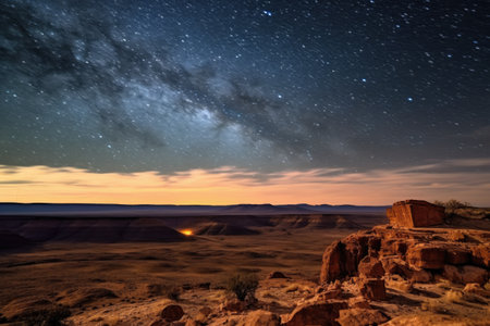 night sky with stars above a meteor crater, created with generative aiの素材