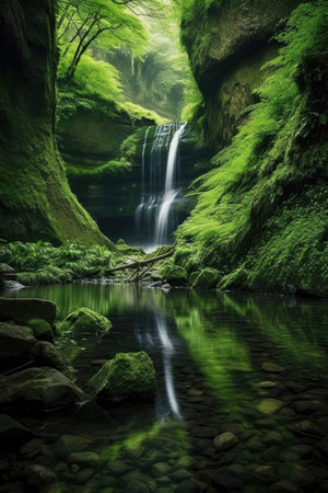 serene waterfall in a lush green landscape, created with generative aiの素材