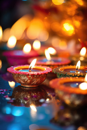 close-up of diwali diyas glowing brightly, created with generative aiの素材