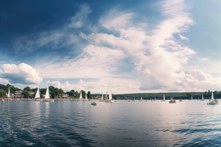 panoramic view of classic sailboats at a regatta event, created with generative aiの素材