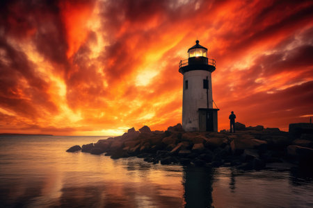 lighthouse silhouette against a dramatic sunset sky, created with generative aiの素材