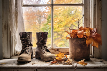 aged boots on a windowsill with autumn leaves, created with generative aiの素材