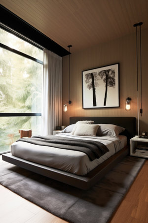 stylish bedroom with minimalist design and plush bedding, created with generative aiの素材