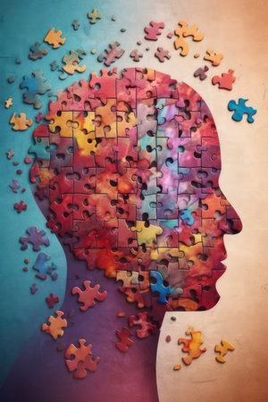 puzzle pieces forming a brain, symbolizing mental health, created with generative aiの素材