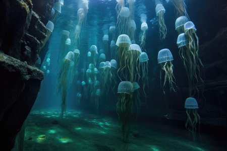jellyfish swarm navigating through underwater cave system, created with generative aiの素材